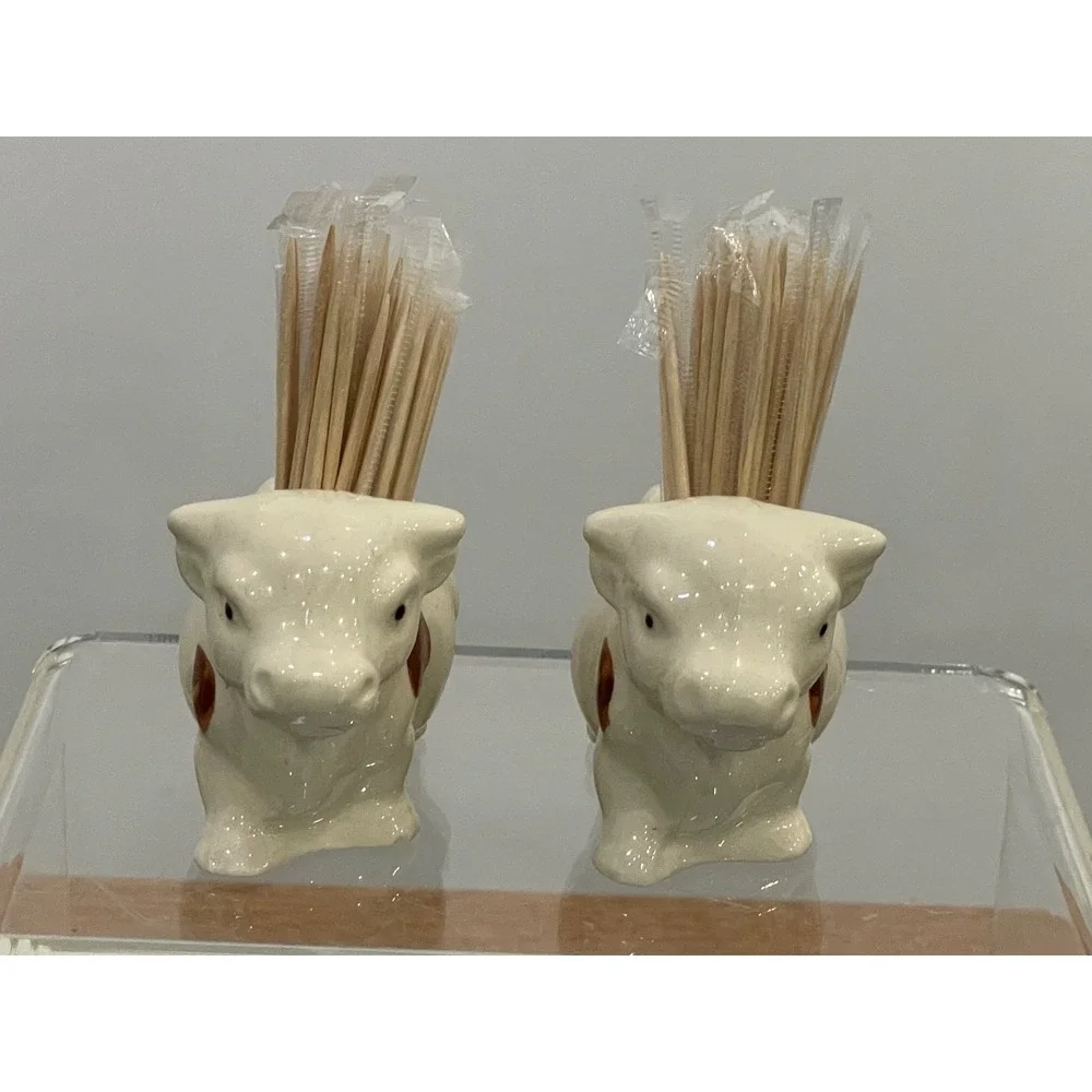 Cow Toothpick Holder Ceramic Vintage Set of 2 White Brown 3.25